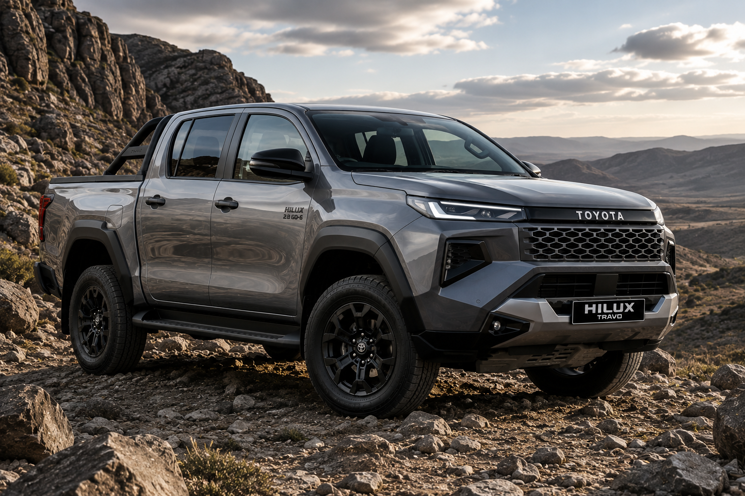 Toyota Hilux Travo front three quarter angle showing rugged commercial styling